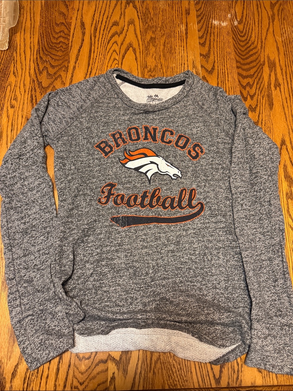 Majestic Gray Broncos Football Crewneck with Orange & White Logo